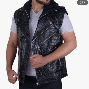 Snake Exotic Print Pure Leather Bomber Vest Men 2XL Black Moto Biker Punk Rocker